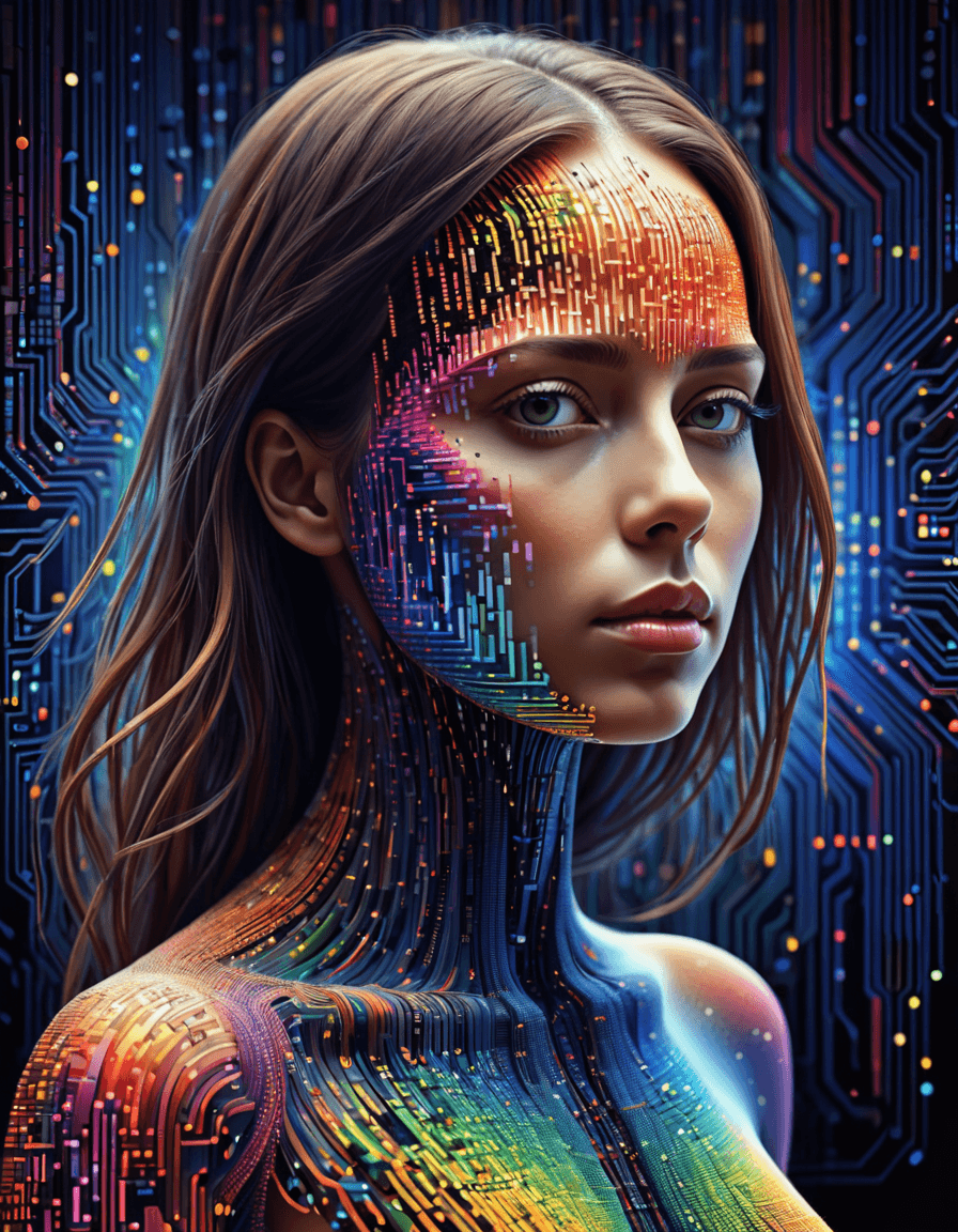 AI generated: masterpiece, illustration, surrealism, highly detailed, colorful binary code effect forming a silhou...