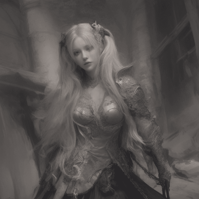 AI generated: a beautiful stunning female warrior large bosom in a fighting stance, posed within a dark, mystical ...