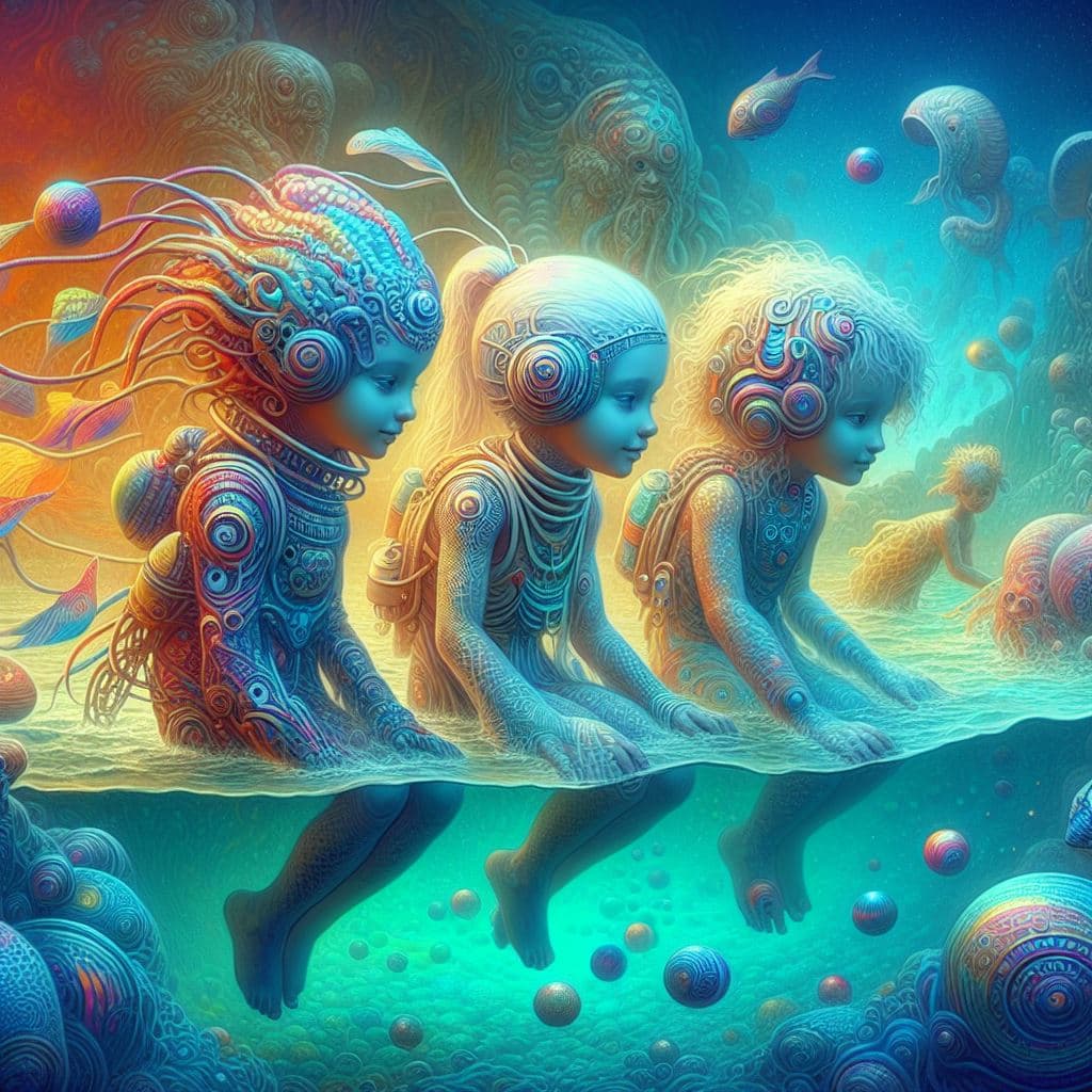 AI generated: the alchemists of the lost Atlantis under the water, future jewelry, little clothing, alien glyph ta...