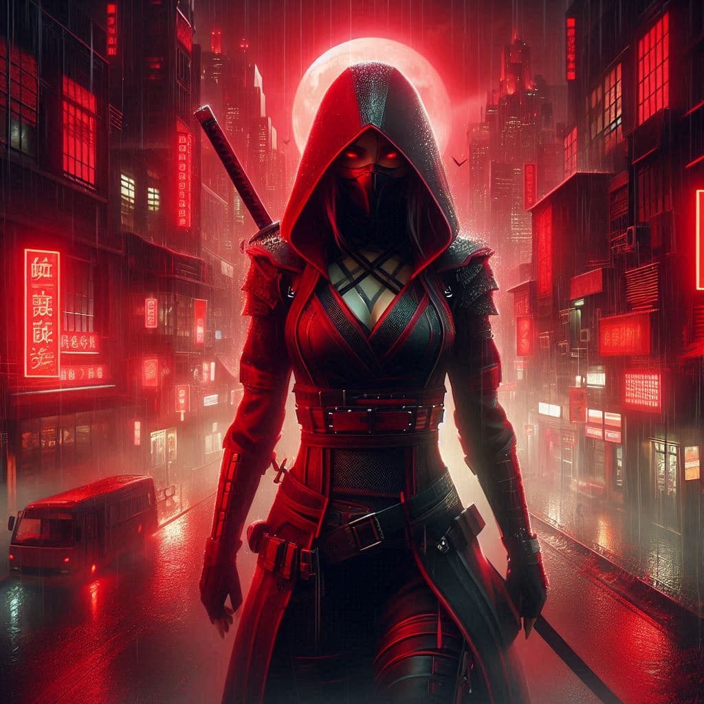 AI generated: a female assassin ninja in red and black ninja outfit, at night, black and red buildings , dark fogg...