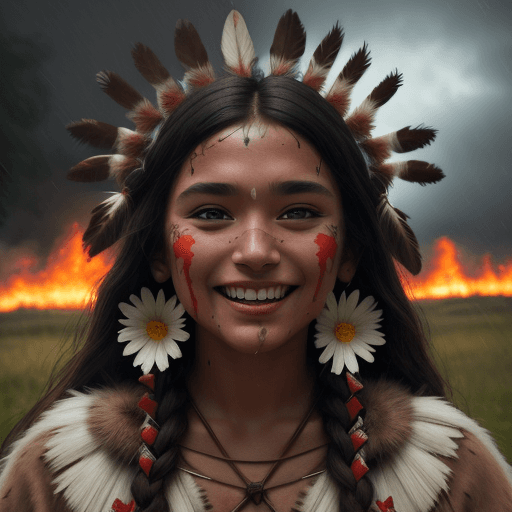 AI generated: Beautiful Native American Woman in midsommar movie,Laughing as a pagan alter is burning Nikon D850,u...