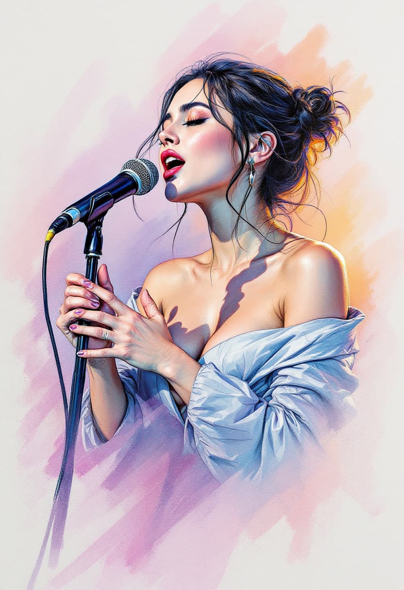 AI generated: Sketch Art, Beautiful Colored Pencil Line, Artistic Brush Strokes, Beautiful, Woman Holding Micropho...