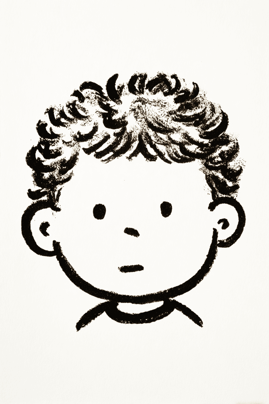 AI generated: portrait, boy, cartoon face, dot eyes, small mouth, round head, fluffy hair, very thick black marker...