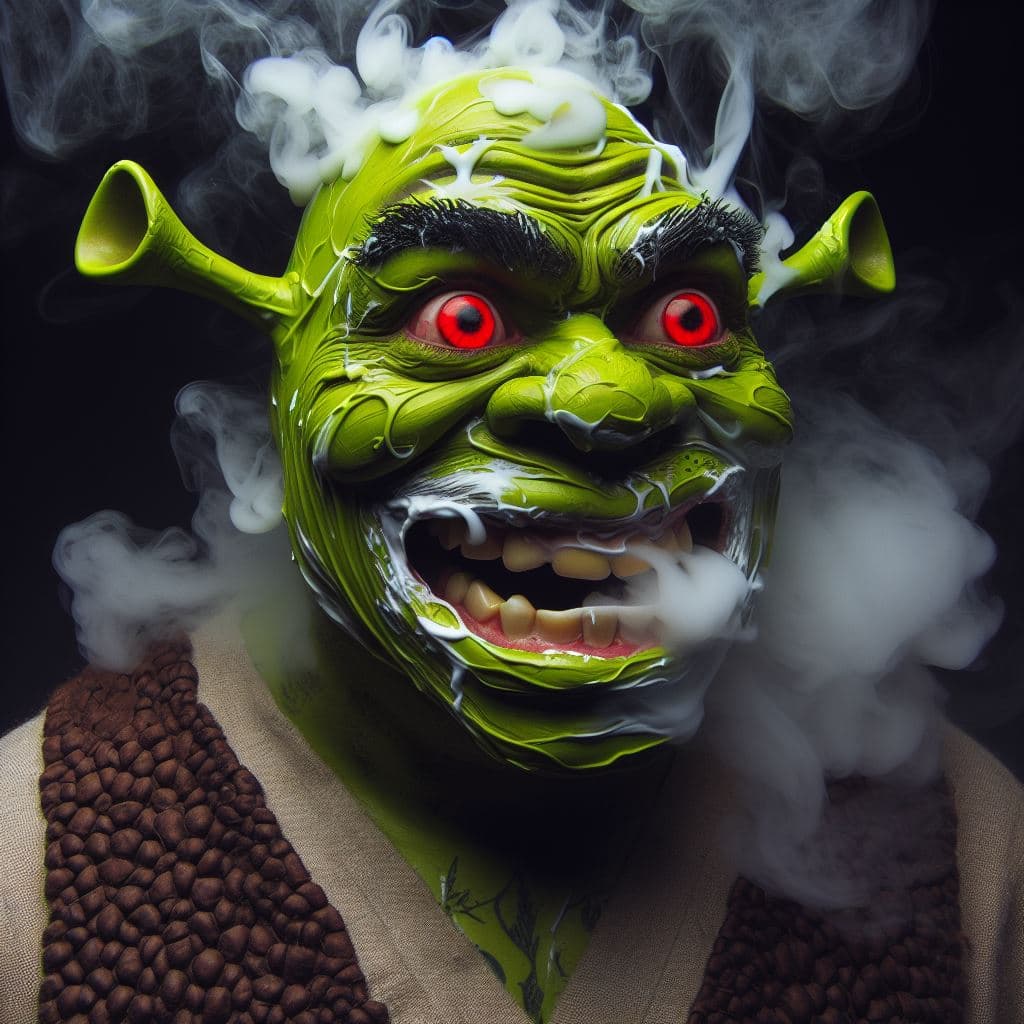 AI generated: A Shrek with a crazy face, red eyes, rubbing plasticine on his face, extreme, smoke, humour.