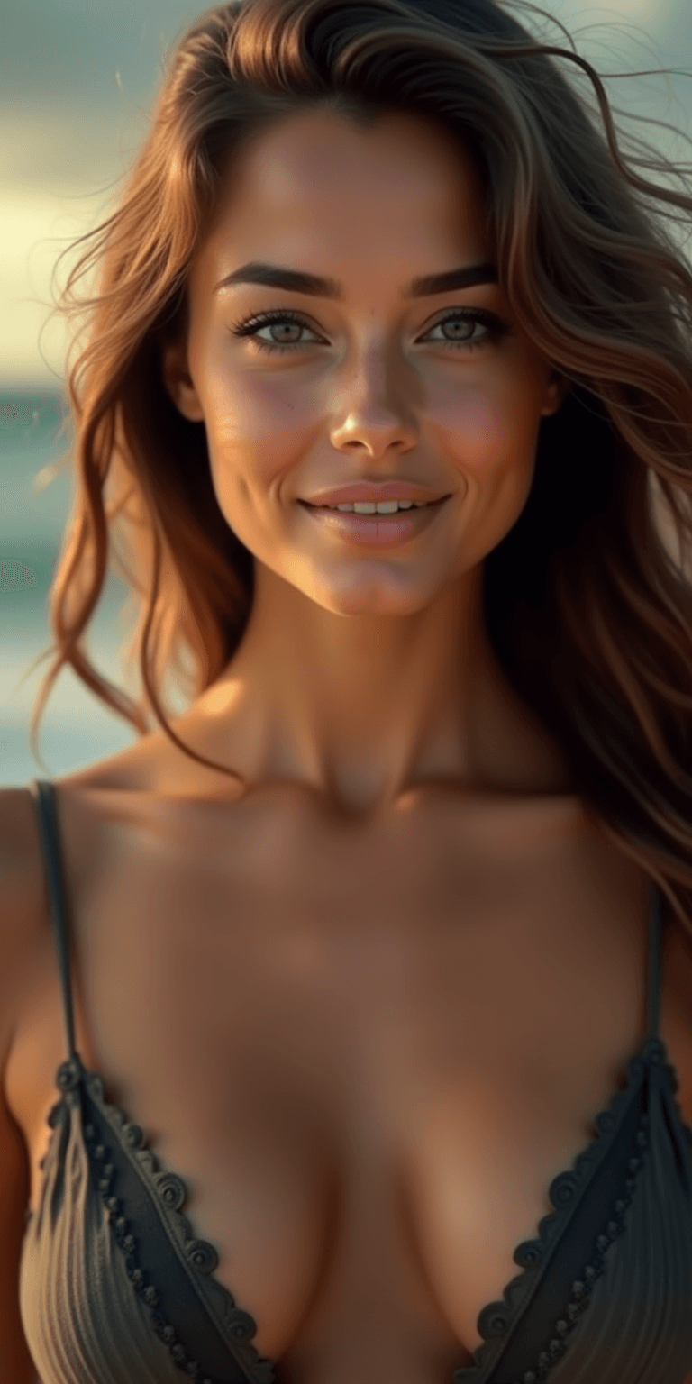 AI generated: A woman with long wavy brown hair, tan skin, and dimples, smiling softly, wearing a dark V-neck biki...