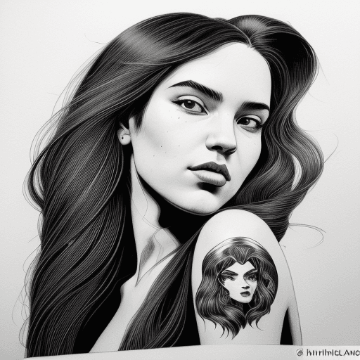 AI generated: black and white illustration in the form of a woman with flowing hair, in the style of martine johan...