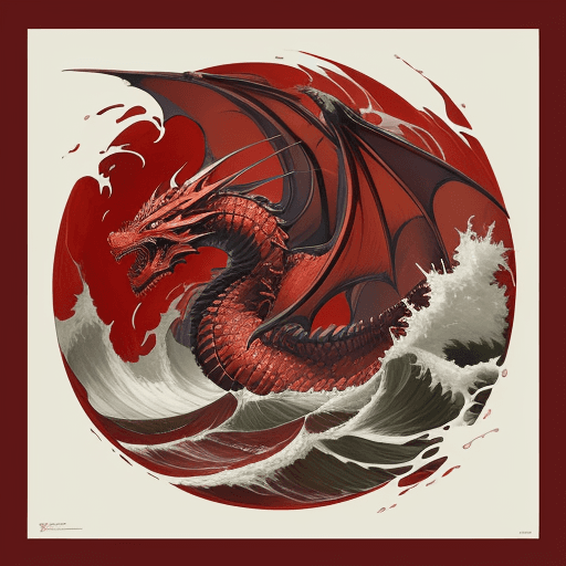 AI generated: red dragon in the waves art print, in the style of kōji morimoto, neo-traditional japanese, john bla...