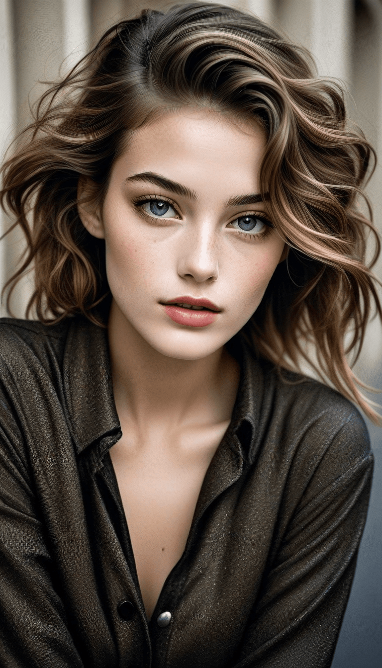 AI generated: An image of a woman with shoulder-length wavy brunette hair and striking blue eyes looking directly ...