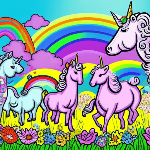 AI generated: A group of unicorns frolicking in a field of flowers under a rainbow, joyful cartoon pop art style

