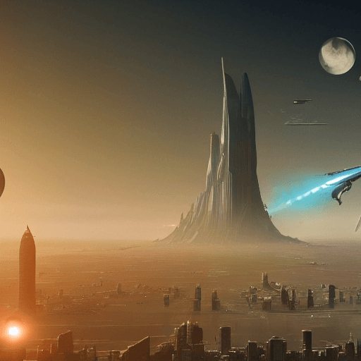 AI generated: zoomed out alien detailed megacity background with starship above inspired by artist yuri shwedoff o...