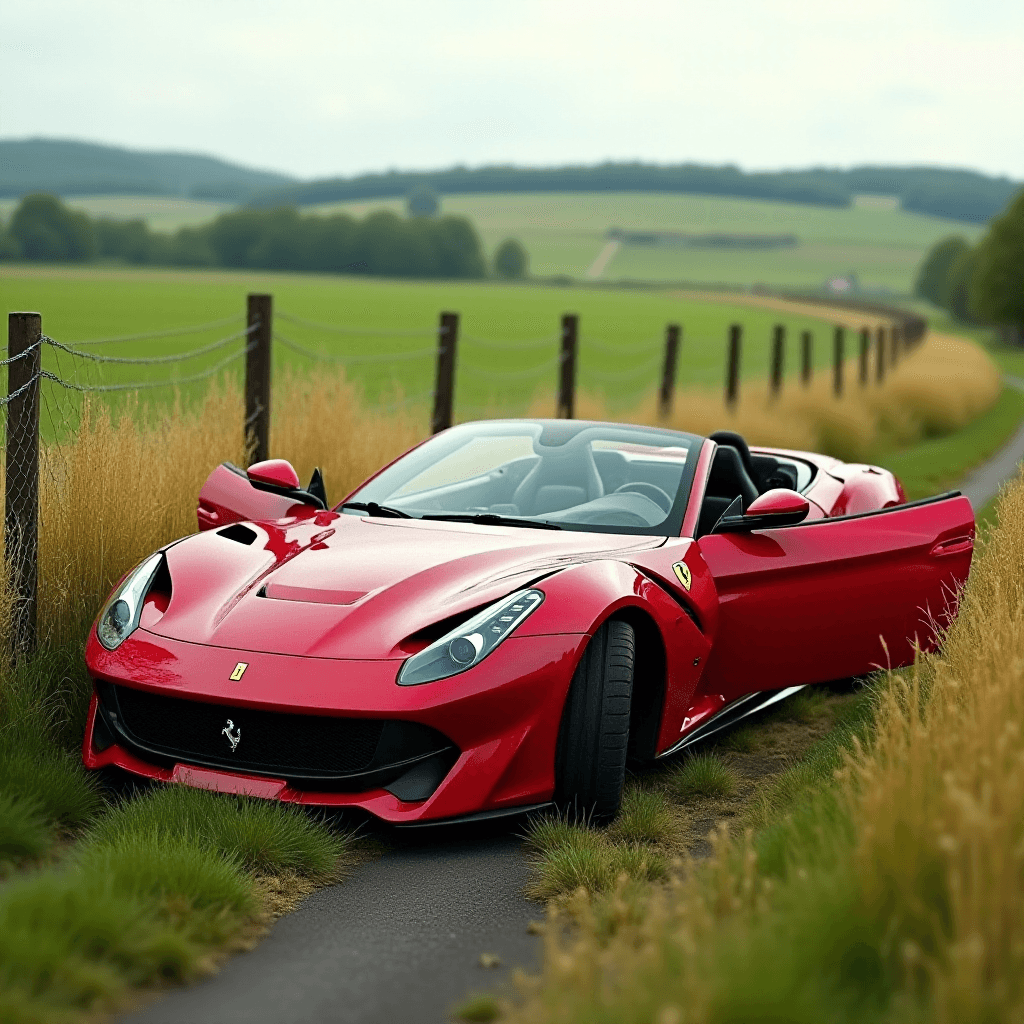 AI generated: (Ultra-detailed, photorealistic:1.2) A striking scene of a crimson-red Ferrari convertible stranded ...