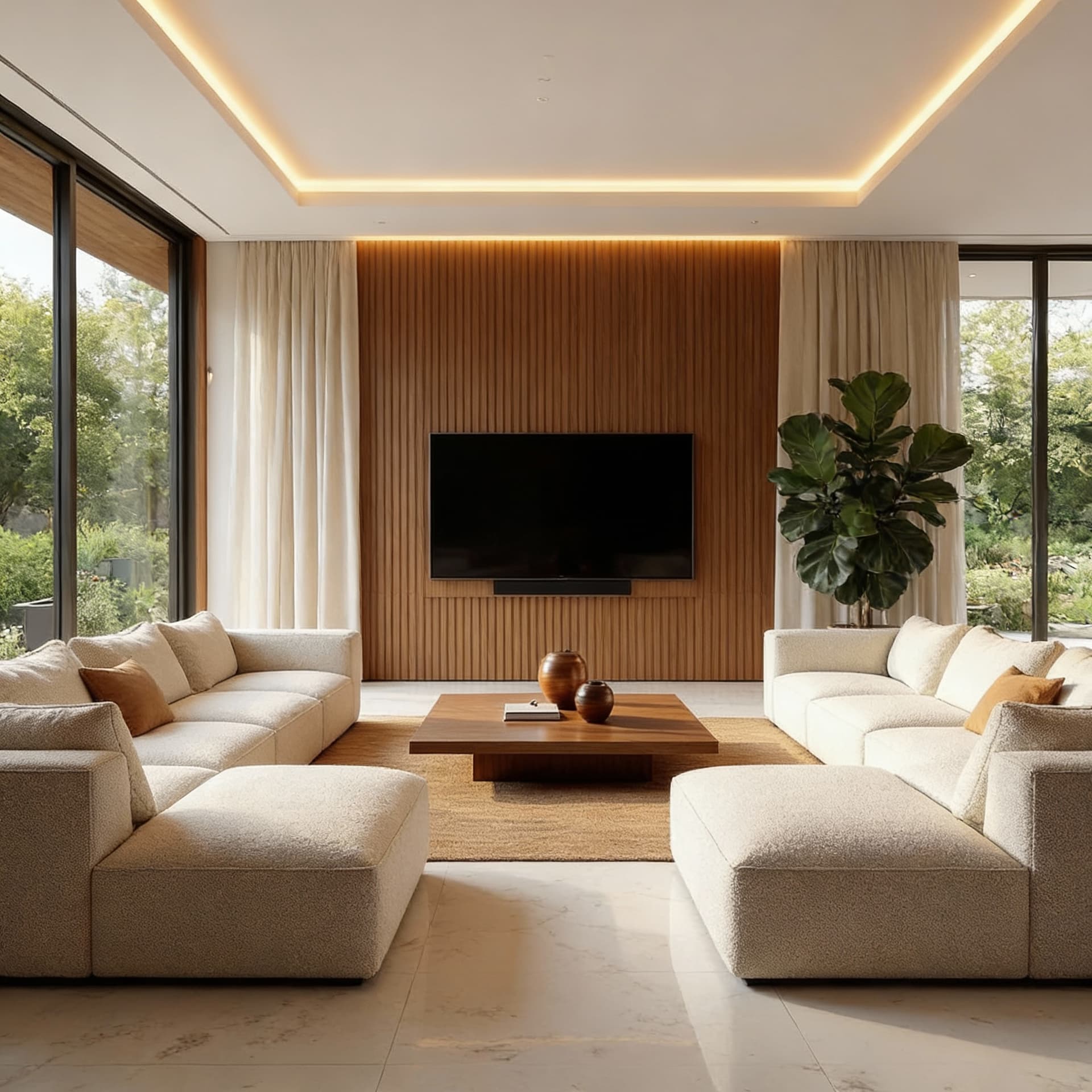 AI generated: Modern minimalist living room interior, warm neutral color palette with beige and wood tones, large ...
