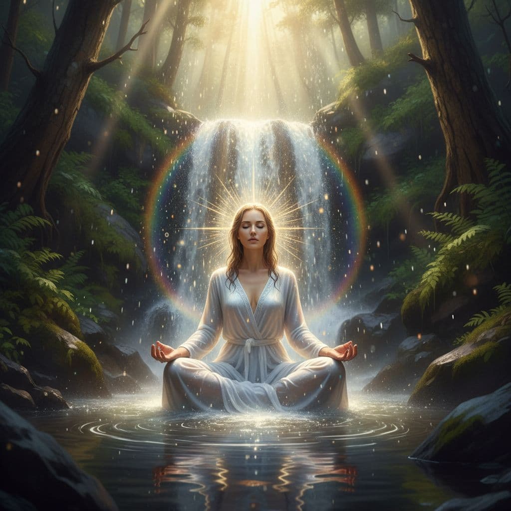 AI generated: A photorealistic scene of a graceful woman meditating under a cascading waterfall in a lush mountain...