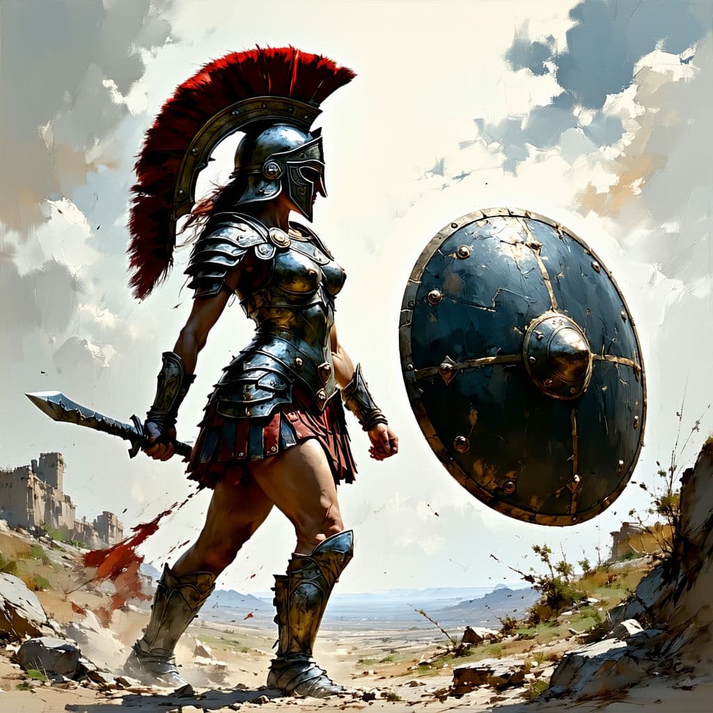 AI generated: Comic book realistic illustration, full body shot of a young gorgeous Spartan woman with thick aesth...