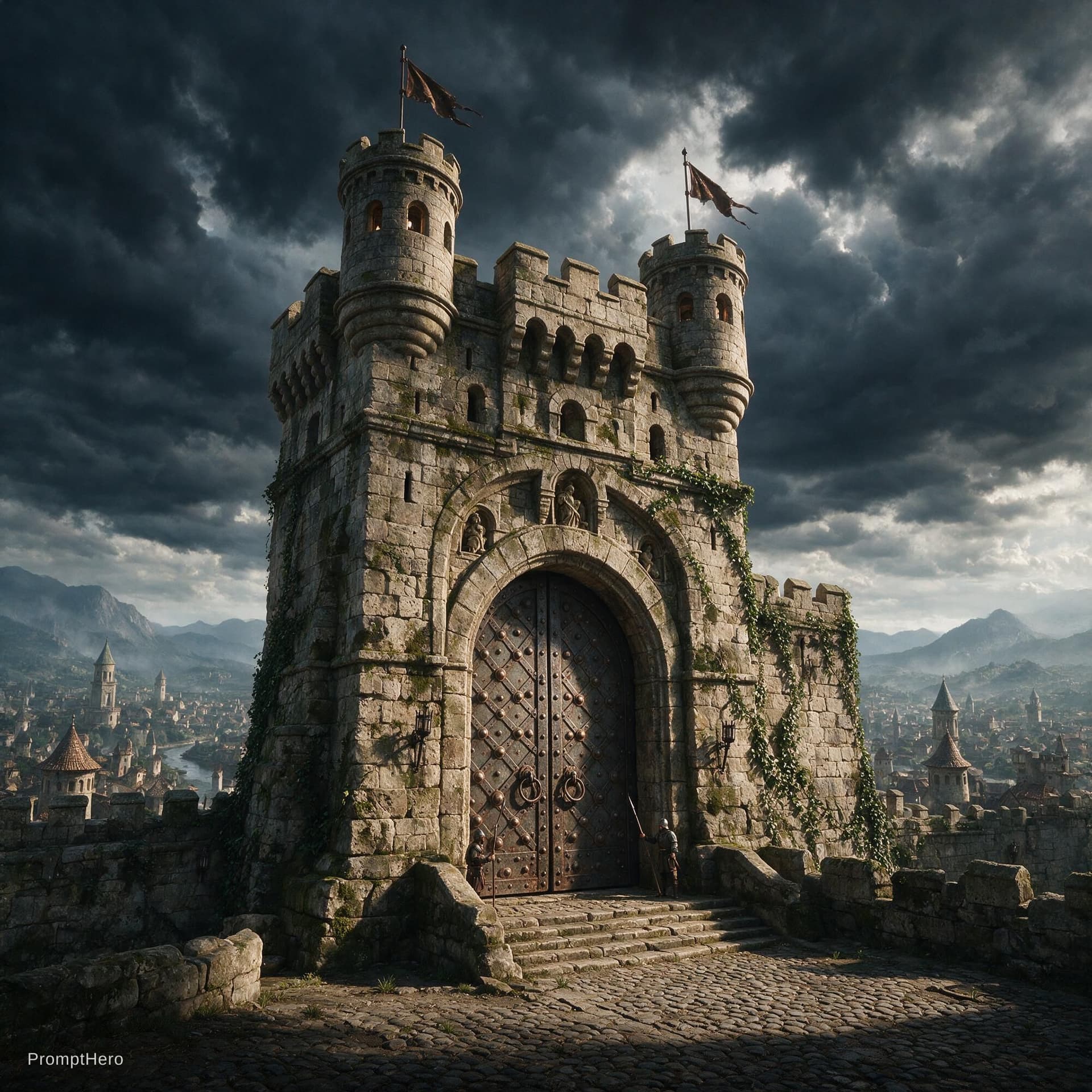AI generated: A majestic ancient stone city gate with huge metal doors slammed shut, dark dramatic clouds, epic ci...