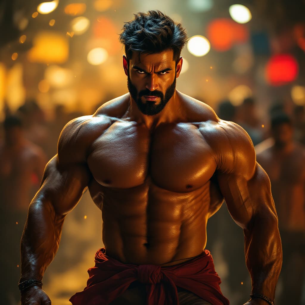AI generated: Imagine a powerful Bollywood action scene with a muscular, athletic protagonist, exuding strength an...