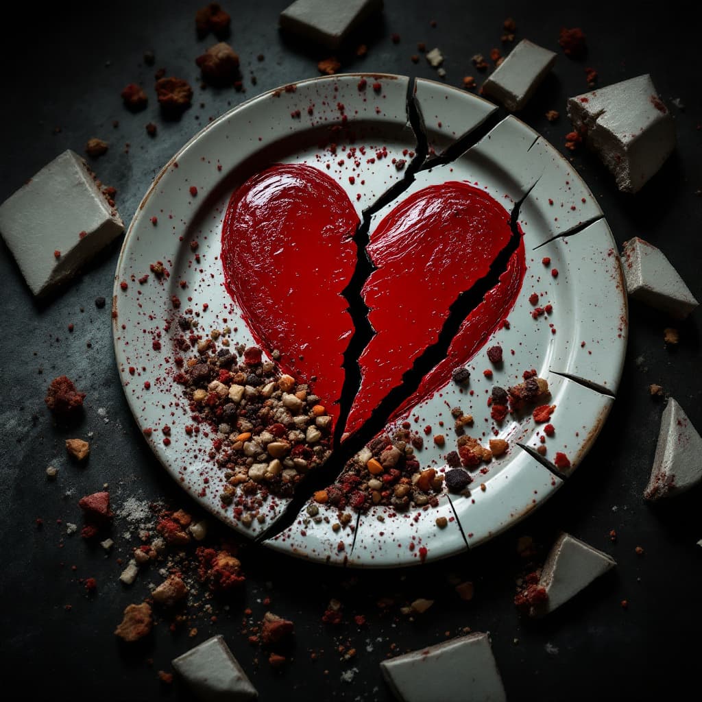 AI generated: a heavily broken plate with pieces of it scattered on the floor. on the plate is a large painted red...