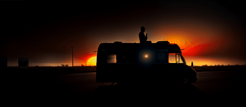 AI generated: david fincher style, man, veteran, 45 years old, outside of a rusty rv, next to abandoned gas statio...