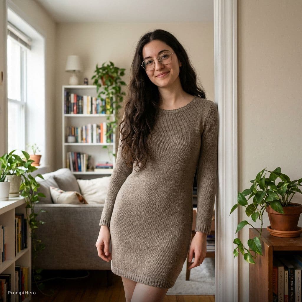 AI generated: A 21 years old white latina woman, medium breast, slim-curvy, small, standing casually in a relaxed ...