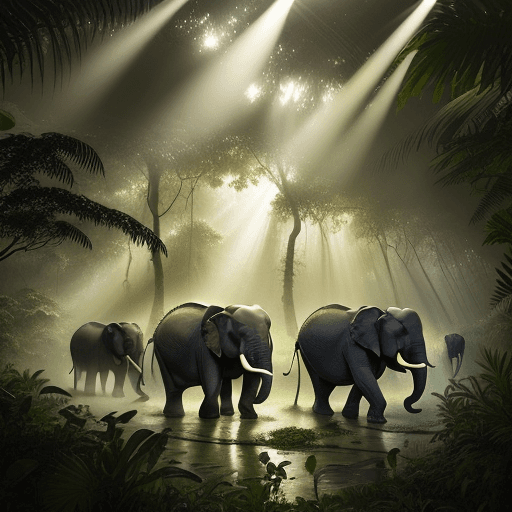 AI generated: a group of elephants walking through the jungle. at dawn while you can see the rays of sunlight enli...