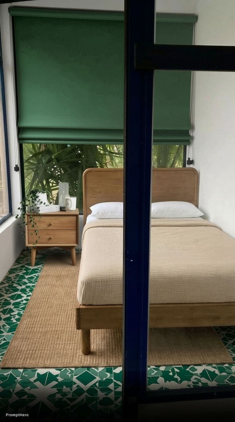 AI generated: add a green roller window shades that are tucked to the slides and the colour should match the tiles