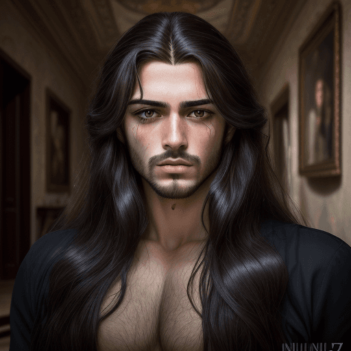 AI generated: italian man with long hair in a house, gritty hollywood glamour, made of glass, masculinity, exagger...