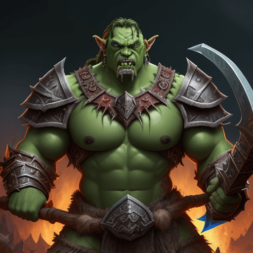 AI generated: World of Warcraft orc warrior, A proud and cunning appearance (Green skin, muscular, glowing red eye...