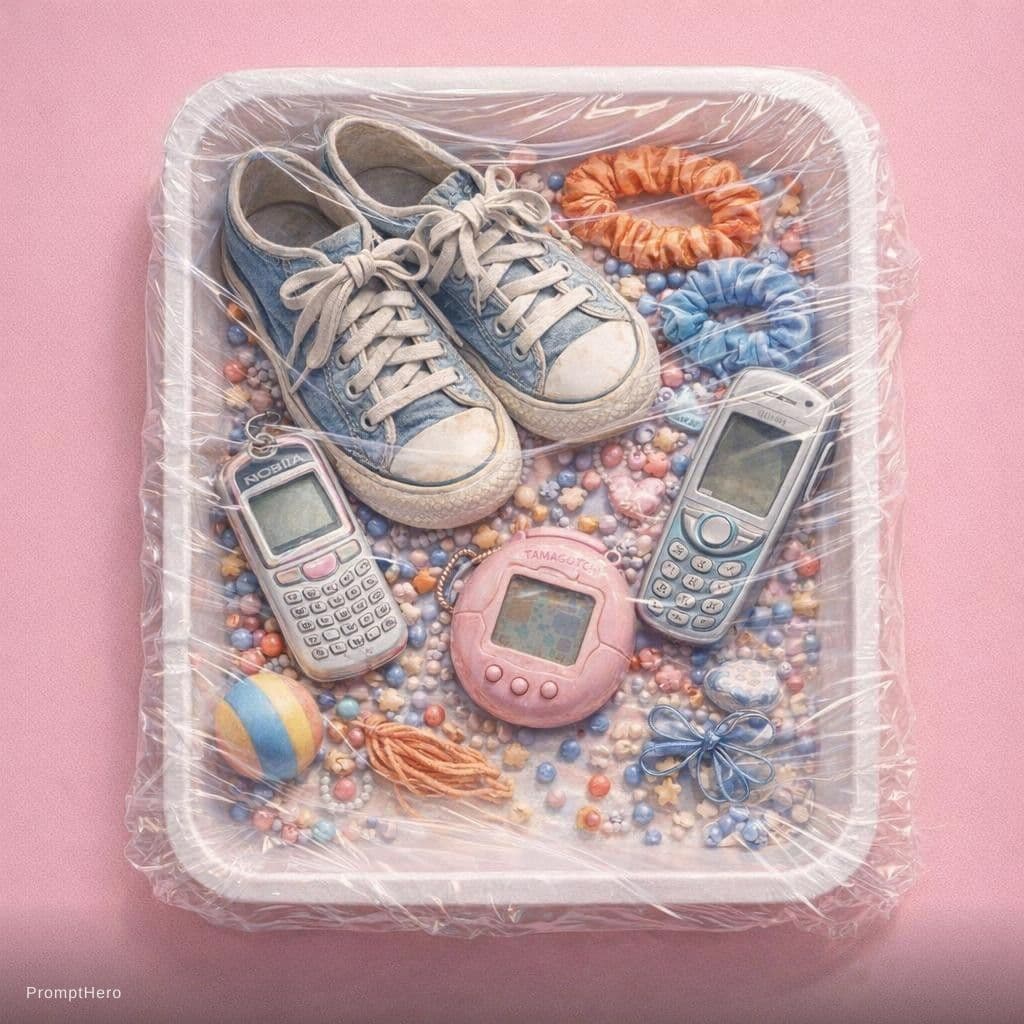 AI generated: 
Overhead flat lay still life of a white styrofoam food tray tightly wrapped in glossy transparent c...