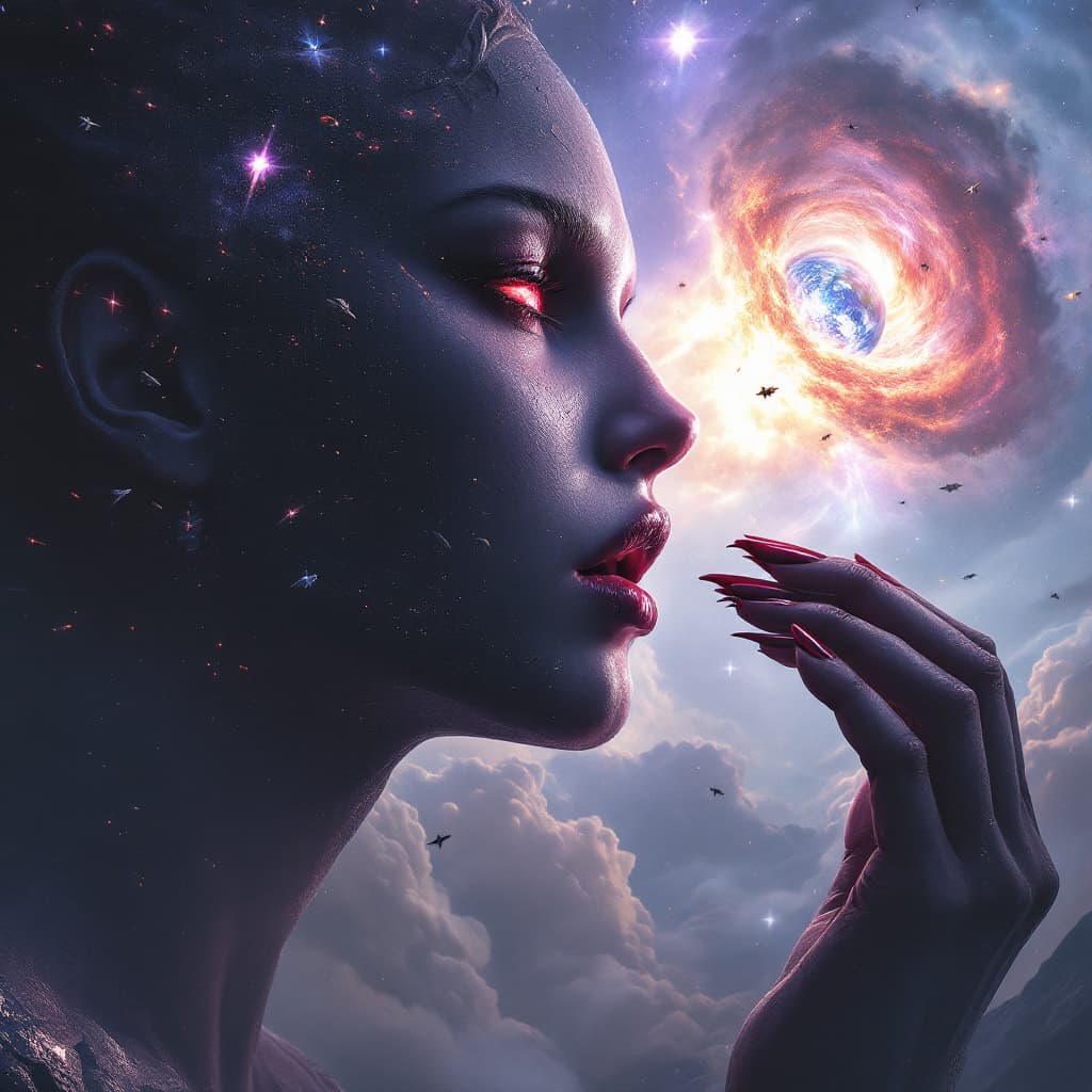 AI generated: enormous giantess V from Cyberpunk 2077
bigger than a galaxy  floating in space, minuscule galaxy in...