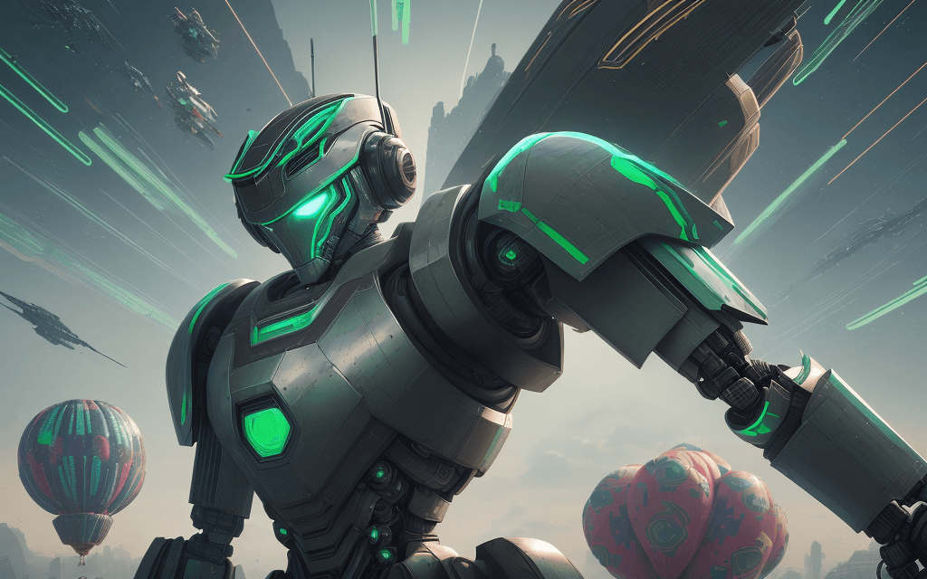 AI generated: a close up of a poster with great robot warrior , have strong body ,stands after the battle, looking...