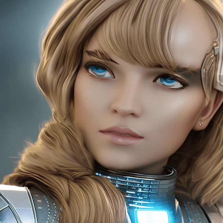 AI generated: A close-up photo of a very beautiful mecha girl, with dark tips beige blonde hair, angelic face, sed...