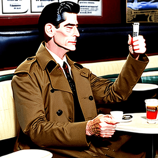 AI generated: Dale cooper from twin peaks giving an iconic thumbs up in his tan trench coat while taking a sip of ...