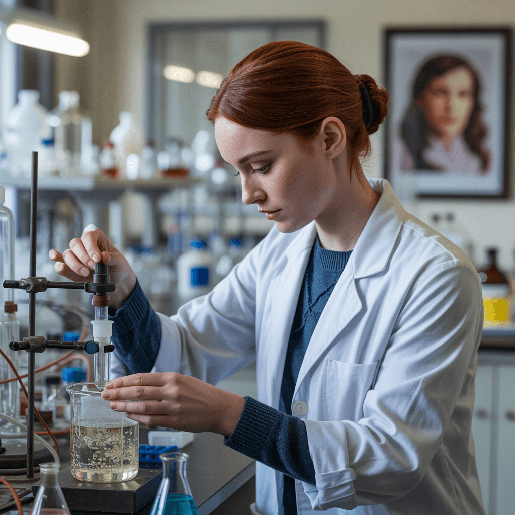 AI generated: scientist working in a lab, realistic coat, surrounded by equipment, shallow depth of field, photore...