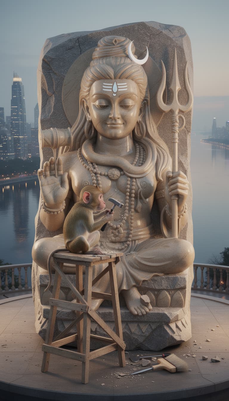 AI generated:  Generate a highly detailed image featuring a tiny monkey building a colossal statue of Lord Shiva f...