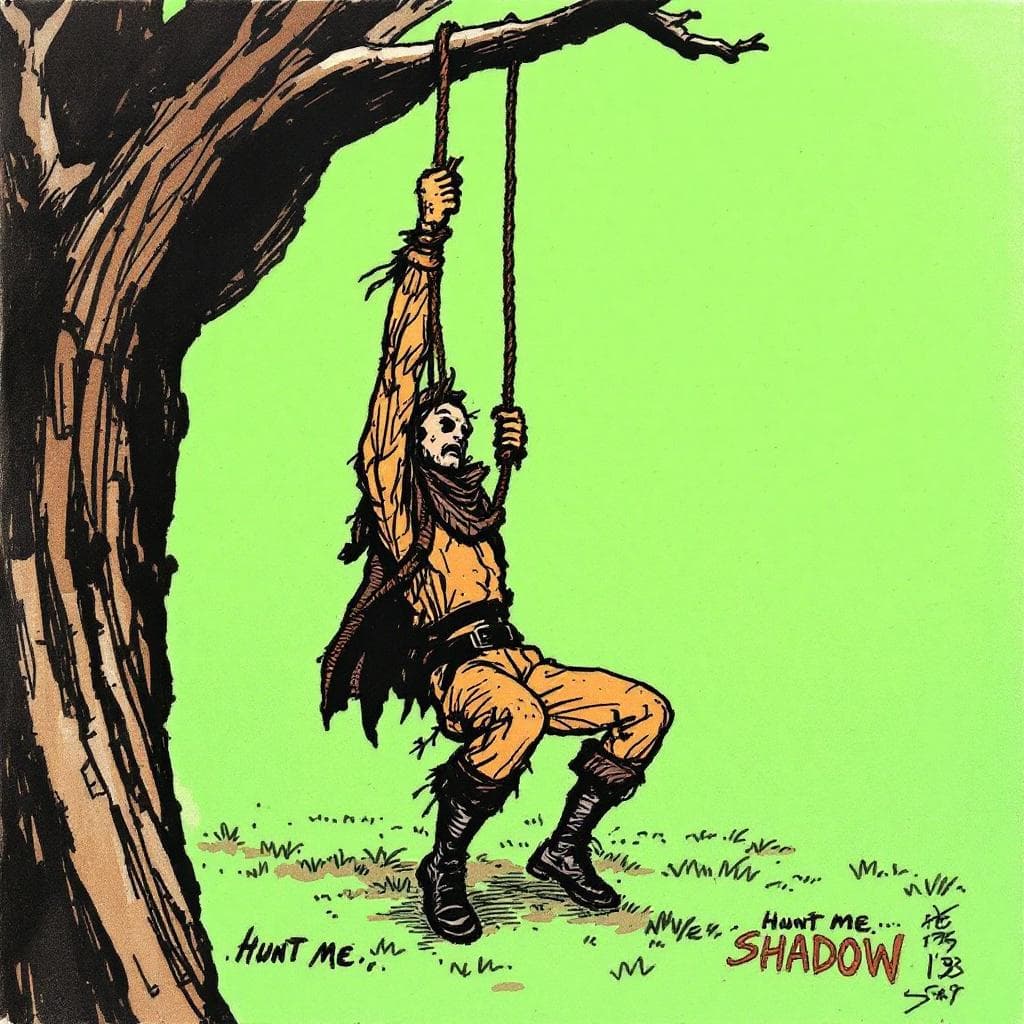 AI generated: Hunt me, Shadow, draw a hanging figure in 1986, based on a hunter, with a rope around his neck and h...
