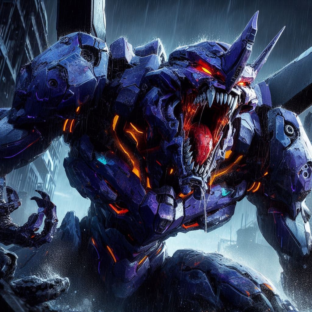 AI generated: a badass Evangelion robot, heavy damages, savage berserk mode pose like an animal, opening mouth, ep...