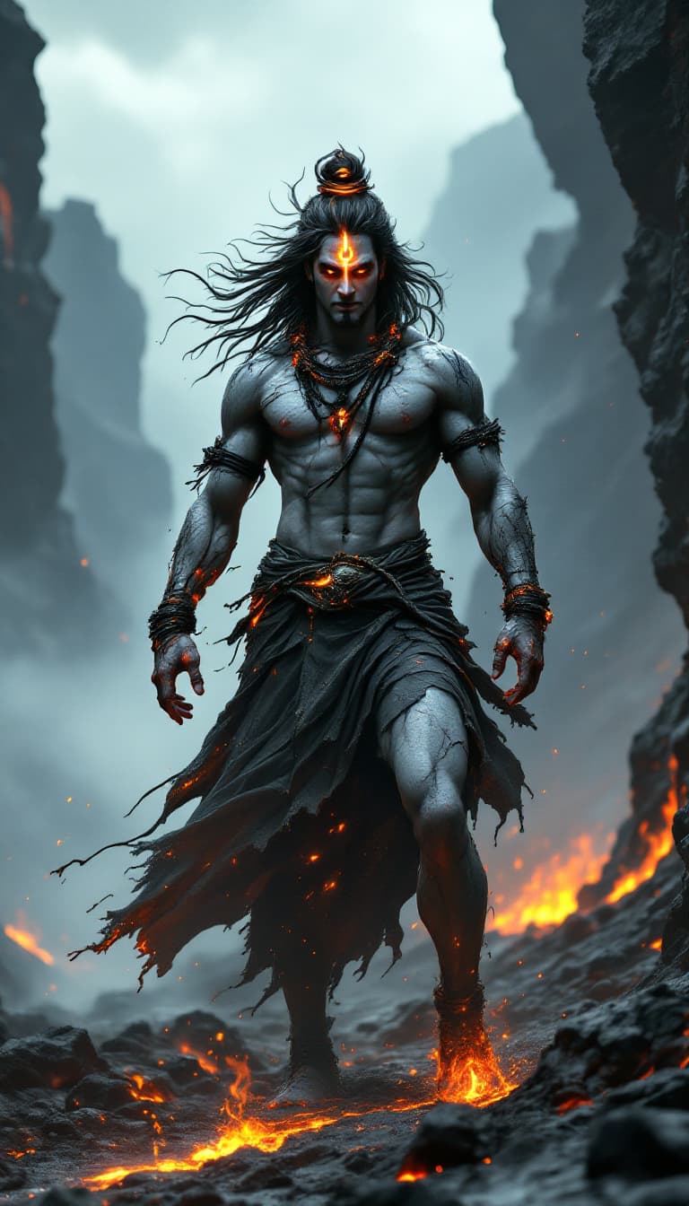 AI generated: A divine and ethereal depiction of Lord Shiva, standing fiercely in a desolate volcanic landscape, s...
