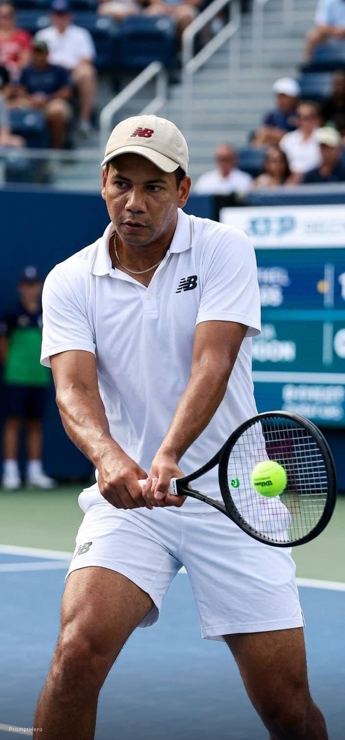 AI generated: Male Tennis Player hitting a one-handed backhand on the tennis court in a match, make the strings in...