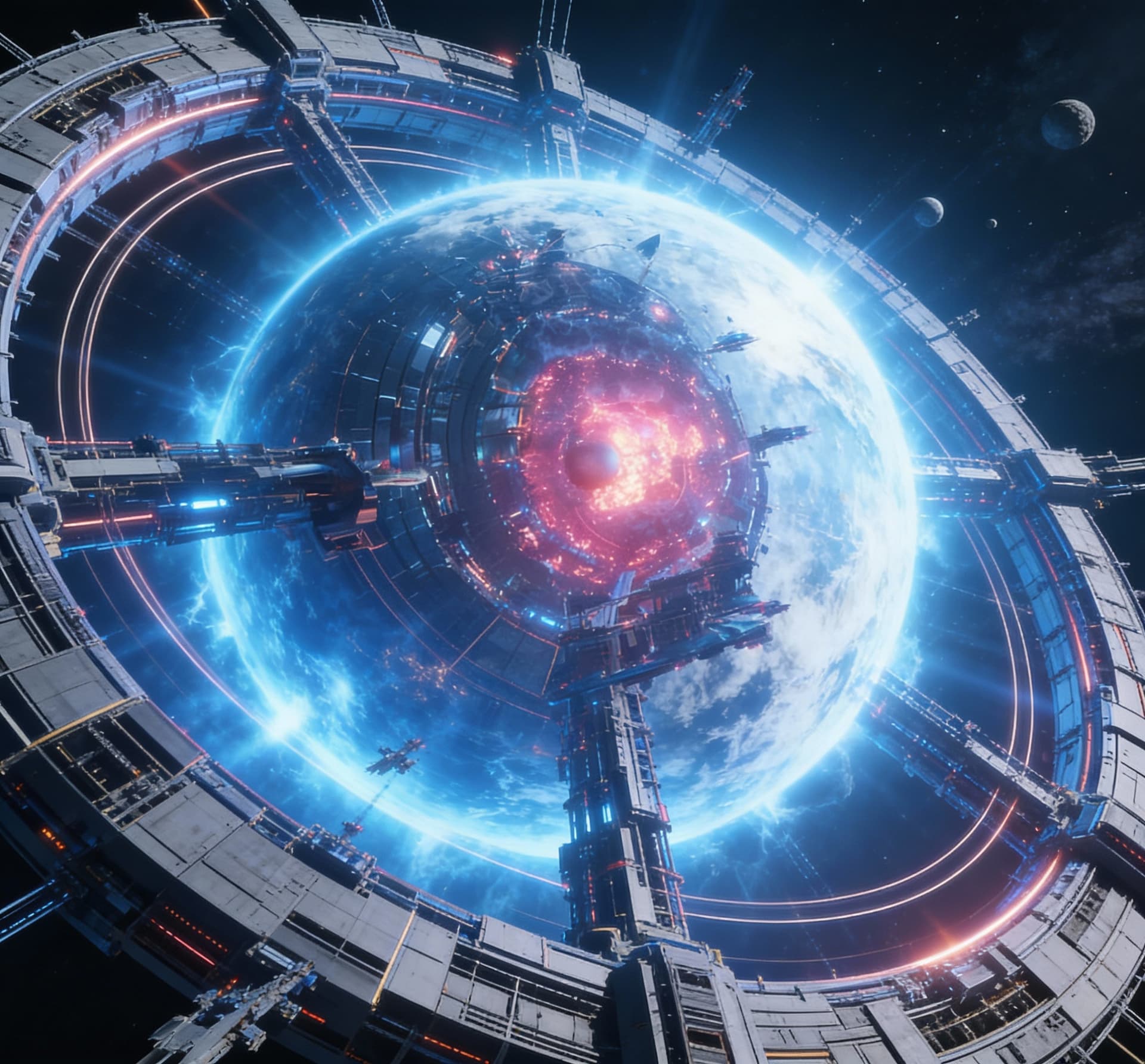 AI generated: Use the Reference Image to imagine, in detail, an alien Starship manufacturing Dyson’s Sphere.  Alte...