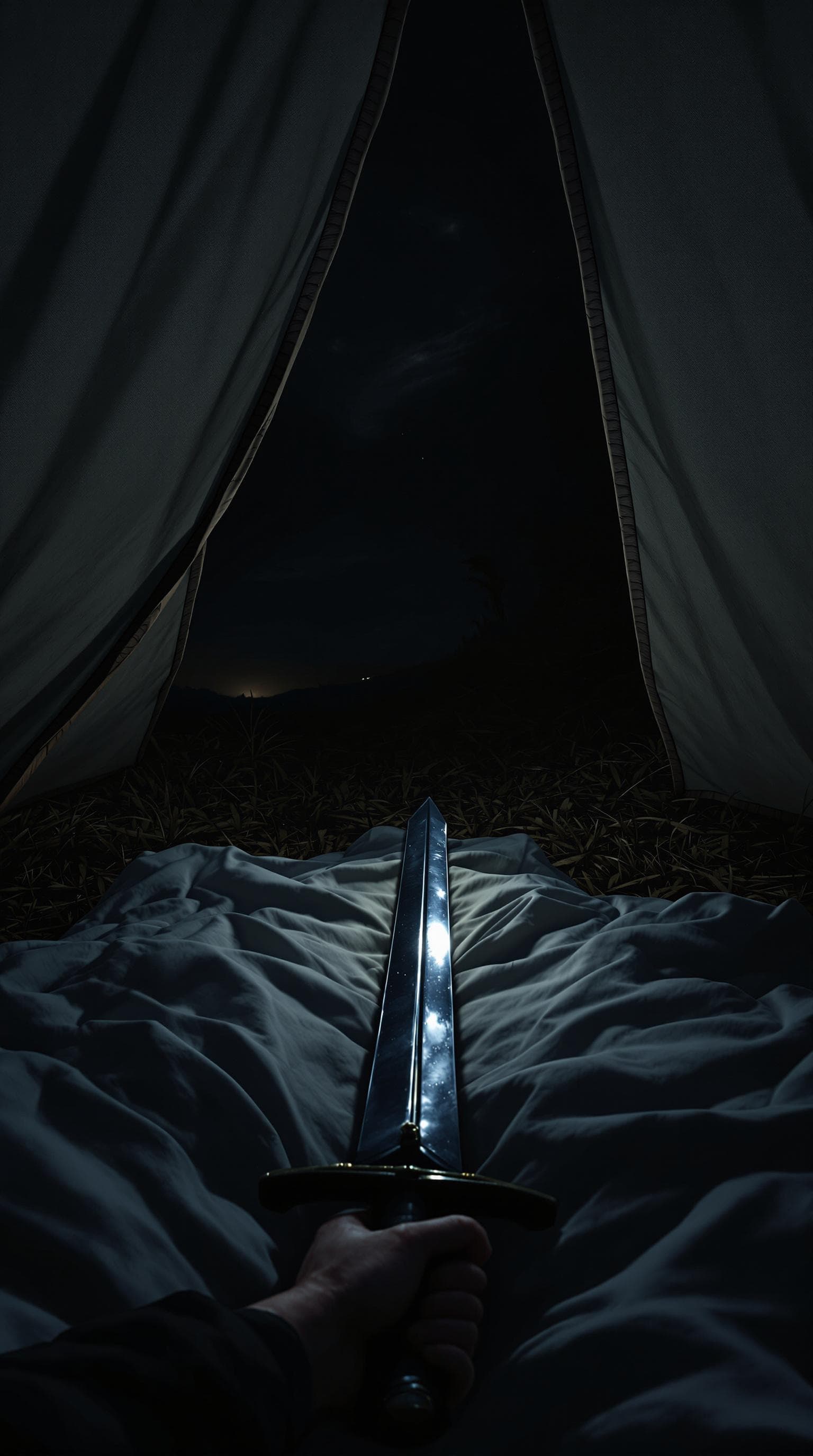 AI generated: First-person POV , I am lying on the ground, staring ahead. The canvas walls of the tent sway gently...