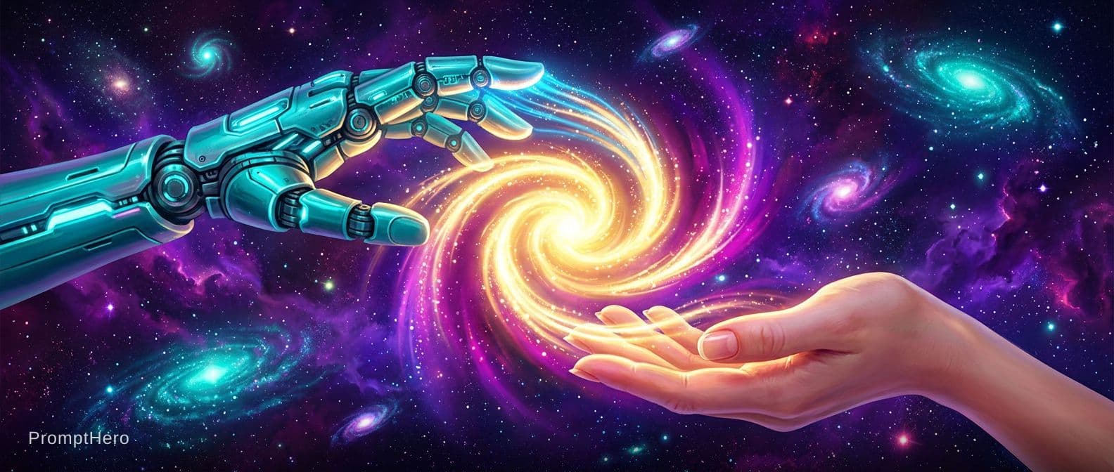AI generated: 2 Hands. Hand 1: Robot hand, colour turquois metal, relaxed open, palm downward. Hand 2: Human, fema...
