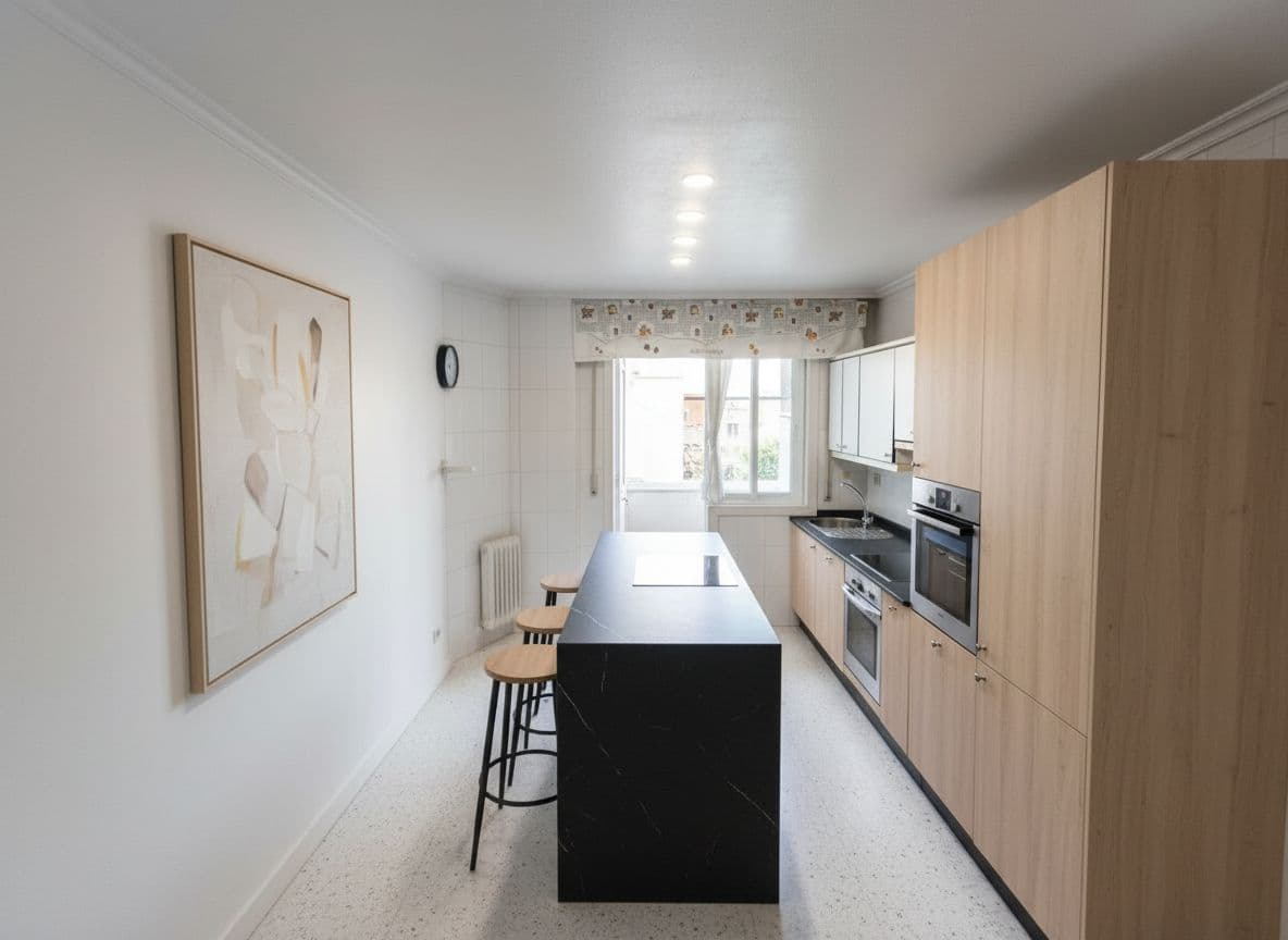 AI generated: Based on the provided reference photo of my real kitchen, extend the space by removing the back door...