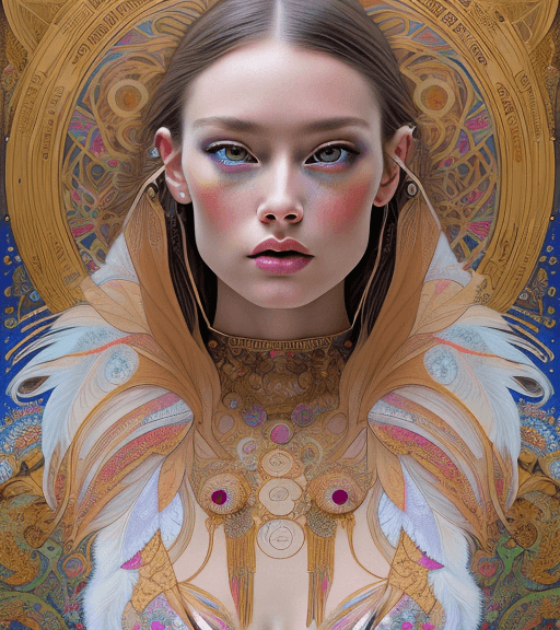 AI generated: high resolution 8k, Erté + Mucha master painter, Byzantine artwork, 
young lady close up face, compl...