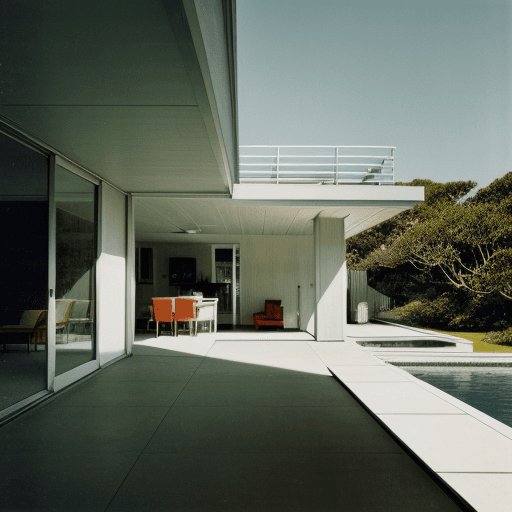 AI generated: Hyper realistic eye level exterior photo of a mid century modern style house overlooking the ocean, ...