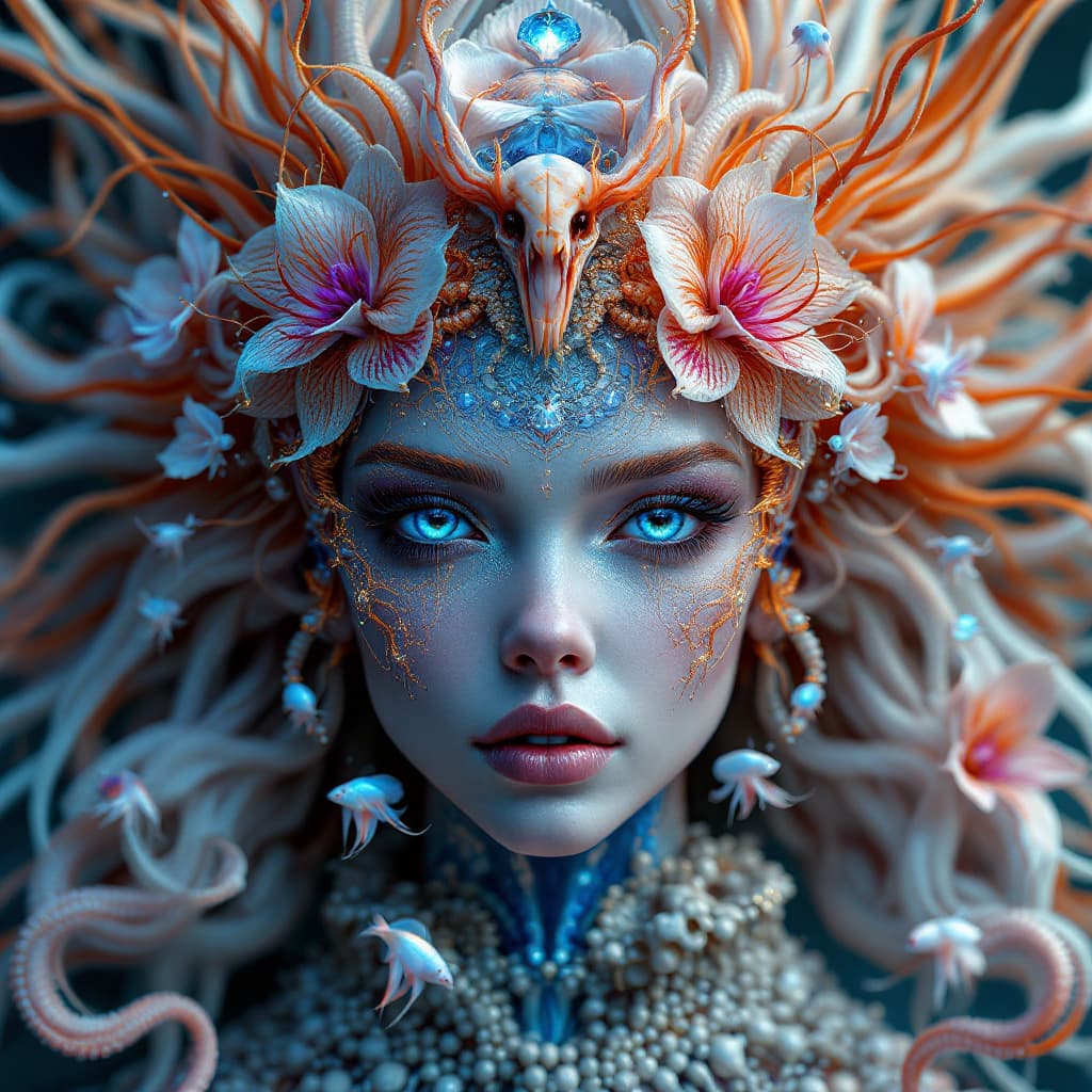 AI generated: Goddess close-up portrait ribcagel. jellyfish phoenix head, nautilus, orchid, skull, betta fish, bio...