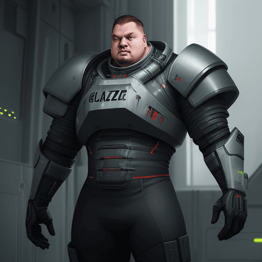 AI generated: sci-fi bild, junger mann mit Glatze und vollbart, 200kg schwer, lachend, fröhlich, verrückt, 8k
