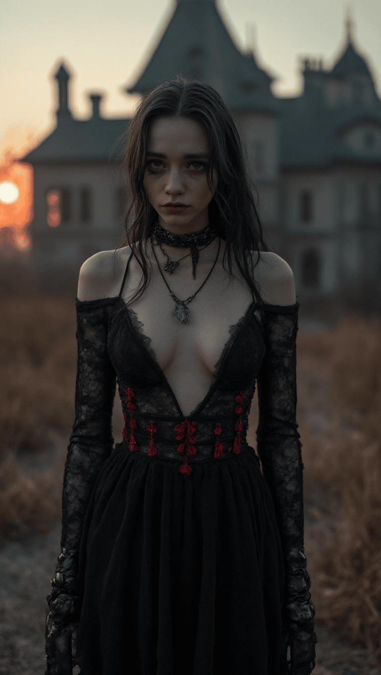 AI generated: Full-body shot of a young thin woman with black hair with gray strands, pale skin, black-painted eye...