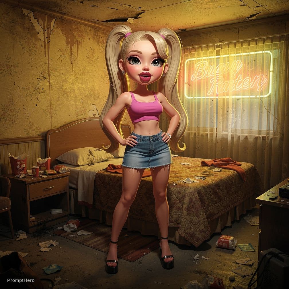 AI generated: Bimbo, huge lips, giant fake tits, big ass, tiny crop top, microskirt, thong, platform heels, pigtai...