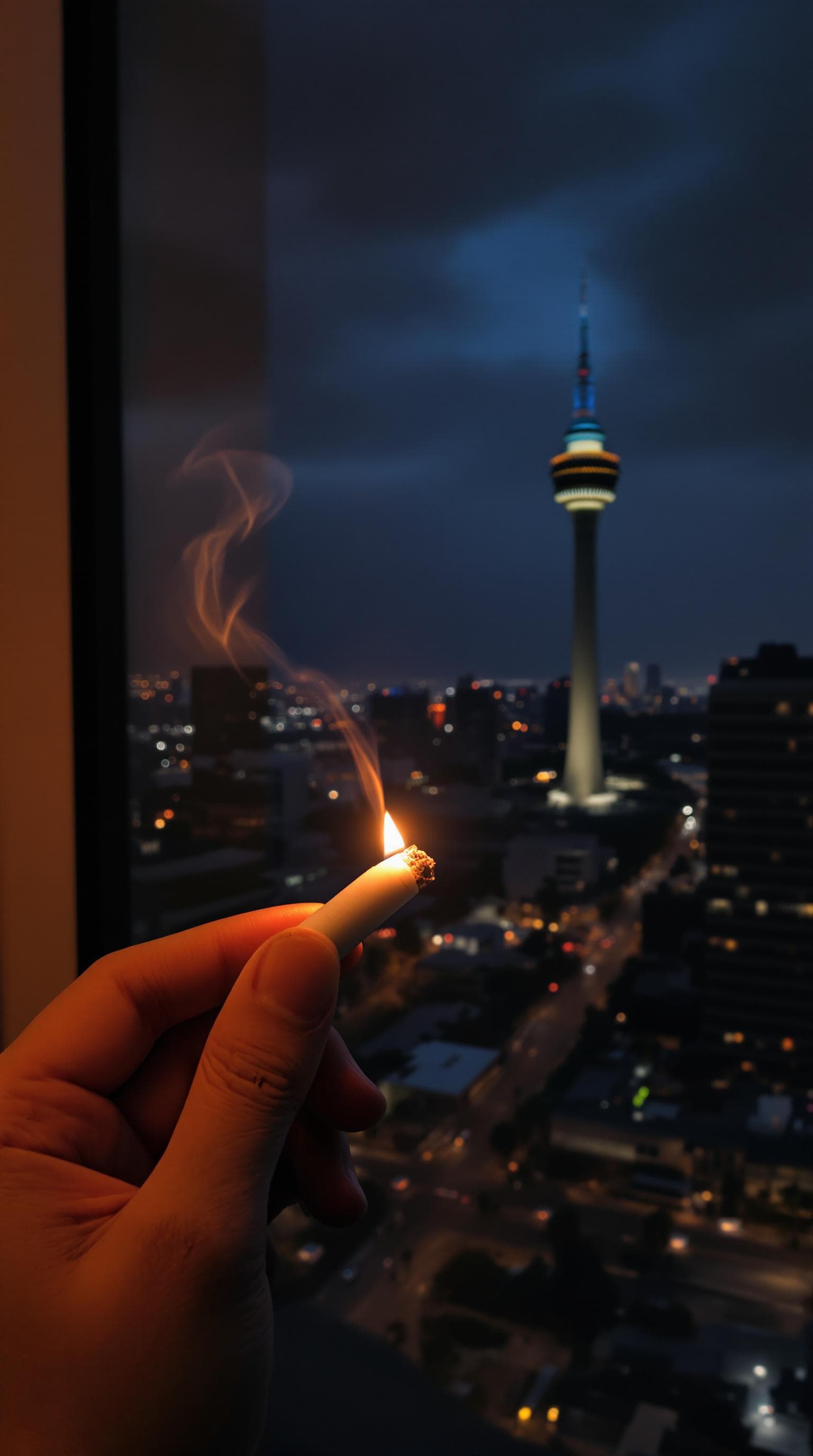AI generated: POV first-person,i am standing by the window, smoking a cigarette, captured from a first-person pers...