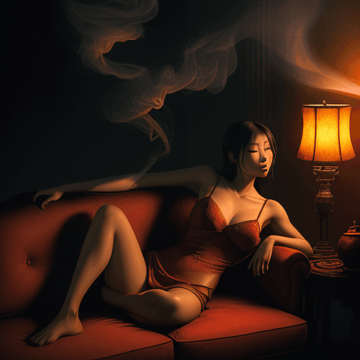 AI generated: photography, dimly lit room with a hazy atmosphere, capturing a Asian female figure lounging on a de...